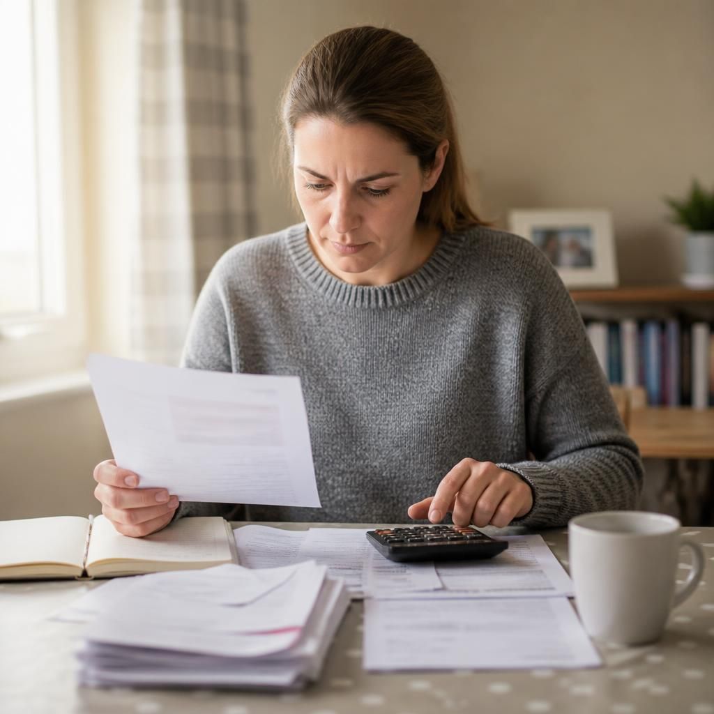 Person reviewing household bills and a budget at a table