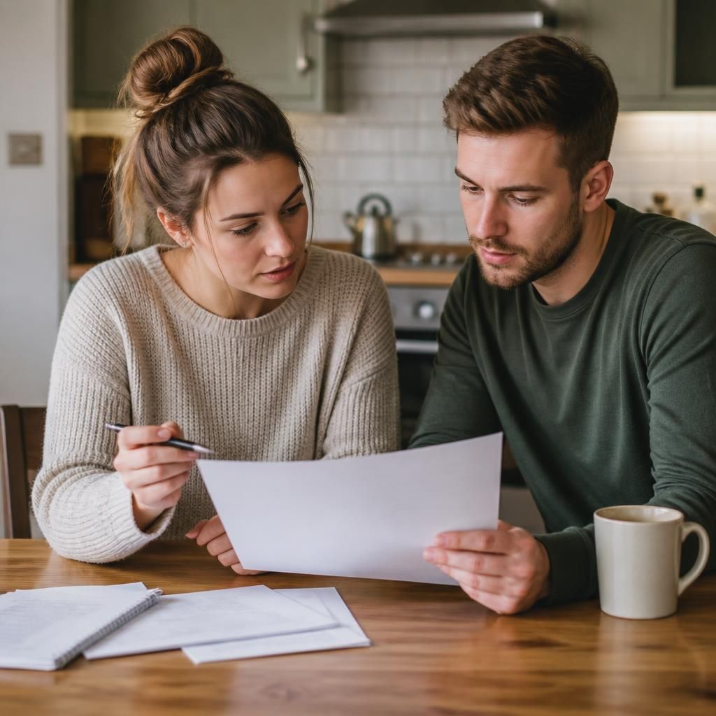 Young couple discussing fostering paperwork at a kitchen table