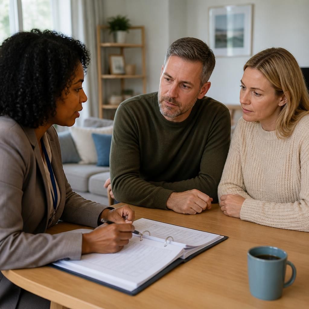 Foster carer discussing a child's care plan with a social worker