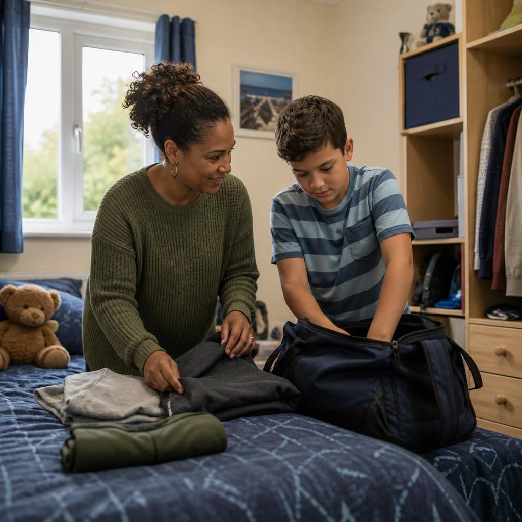Foster carer helping a child organise belongings in a bedroom
