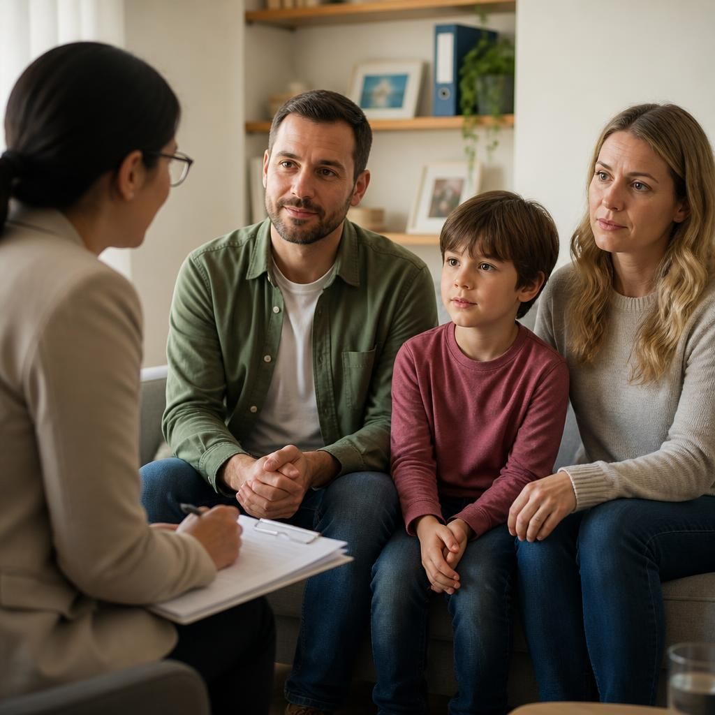 Social worker talking with a child and prospective foster carers