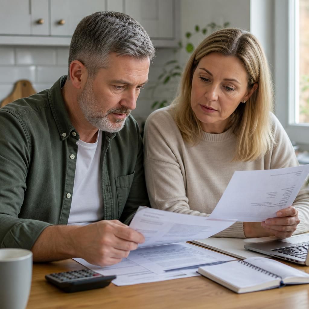 Foster carer reviewing a bank statement and fostering payment records at home
