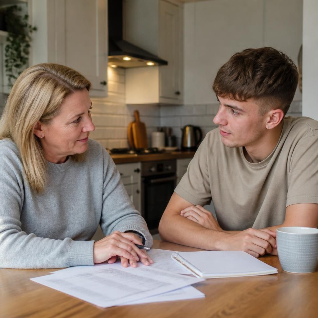Foster carer and young adult discussing a transition plan at a table