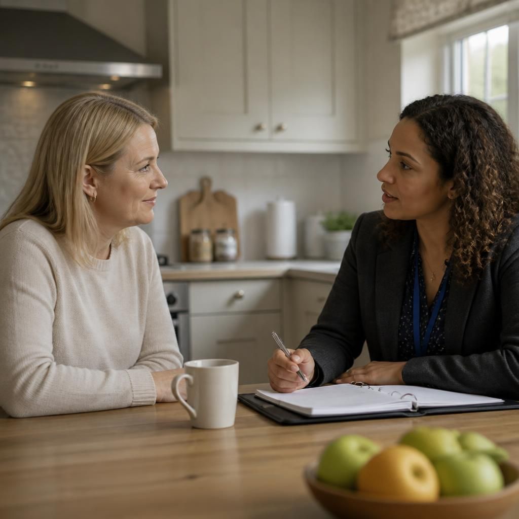 Foster carer speaking with a social worker at a kitchen table