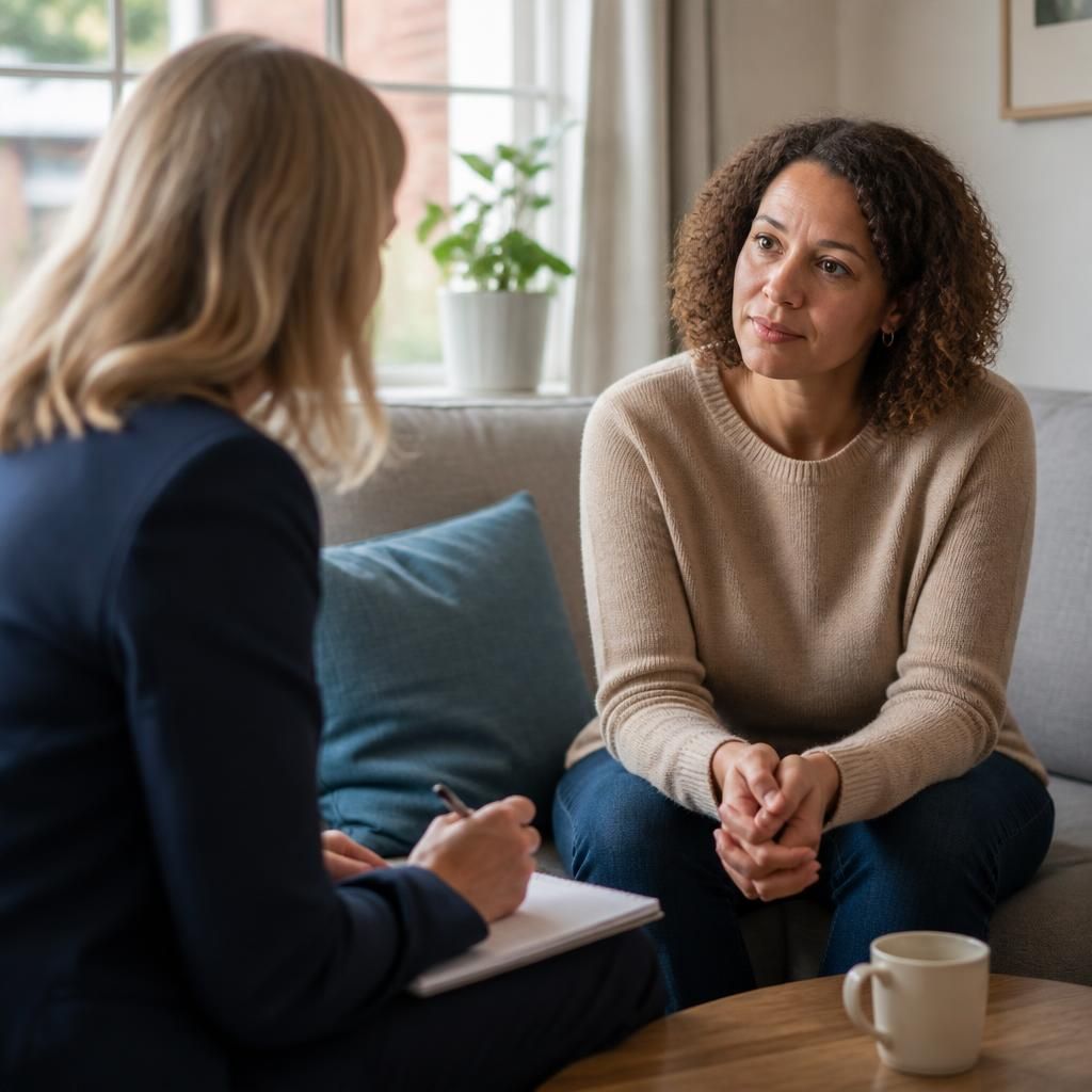 Prospective foster carer speaking with a social worker during a home assessment