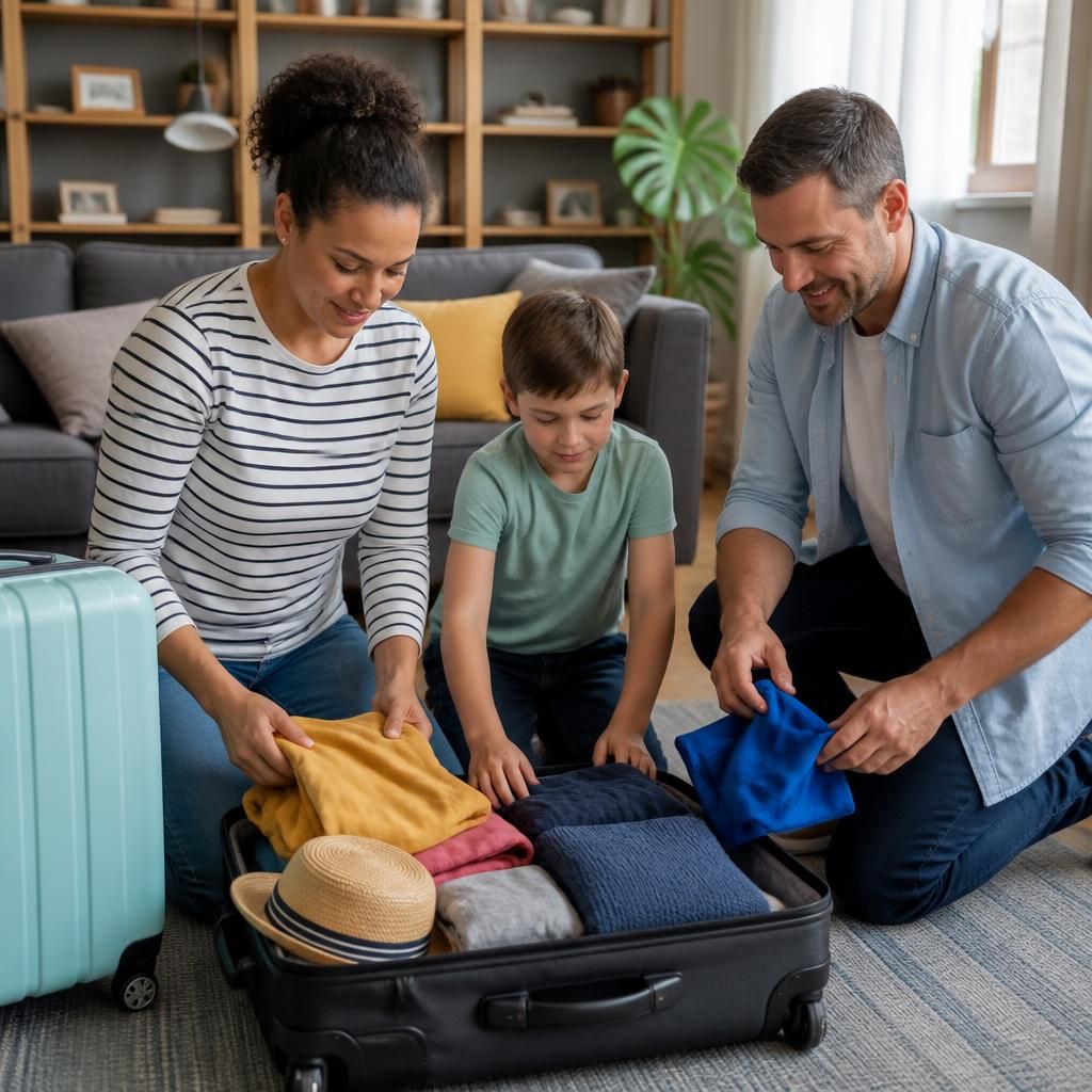 Foster family preparing luggage for a holiday trip