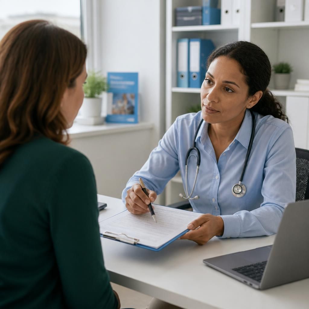 Applicant discussing a health questionnaire with a medical professional