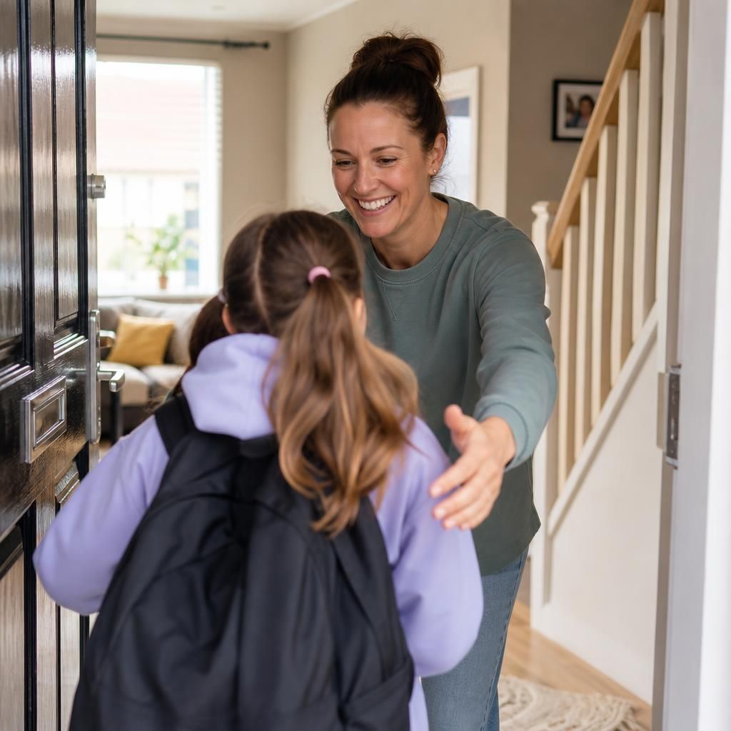 Foster carer welcoming a child into a comfortable home