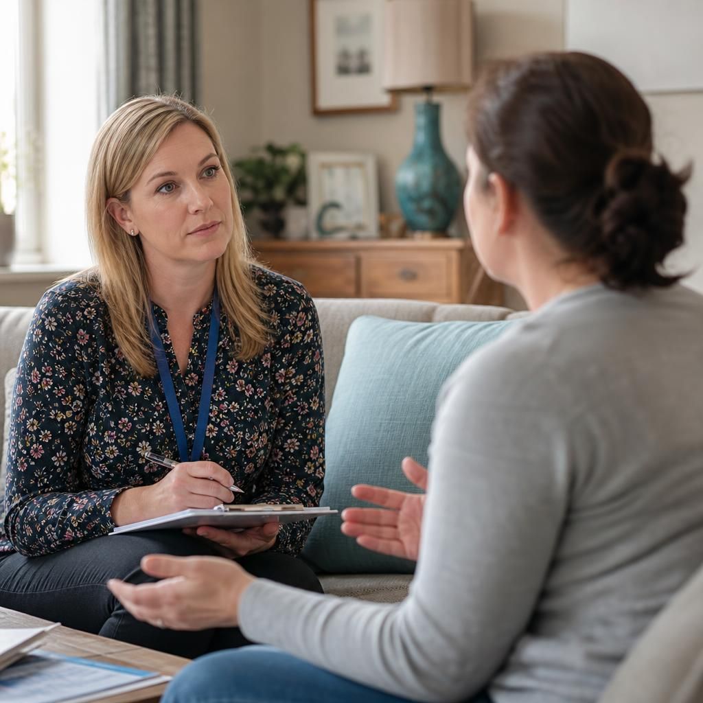 Foster carer speaking with a supervising social worker during a support meeting