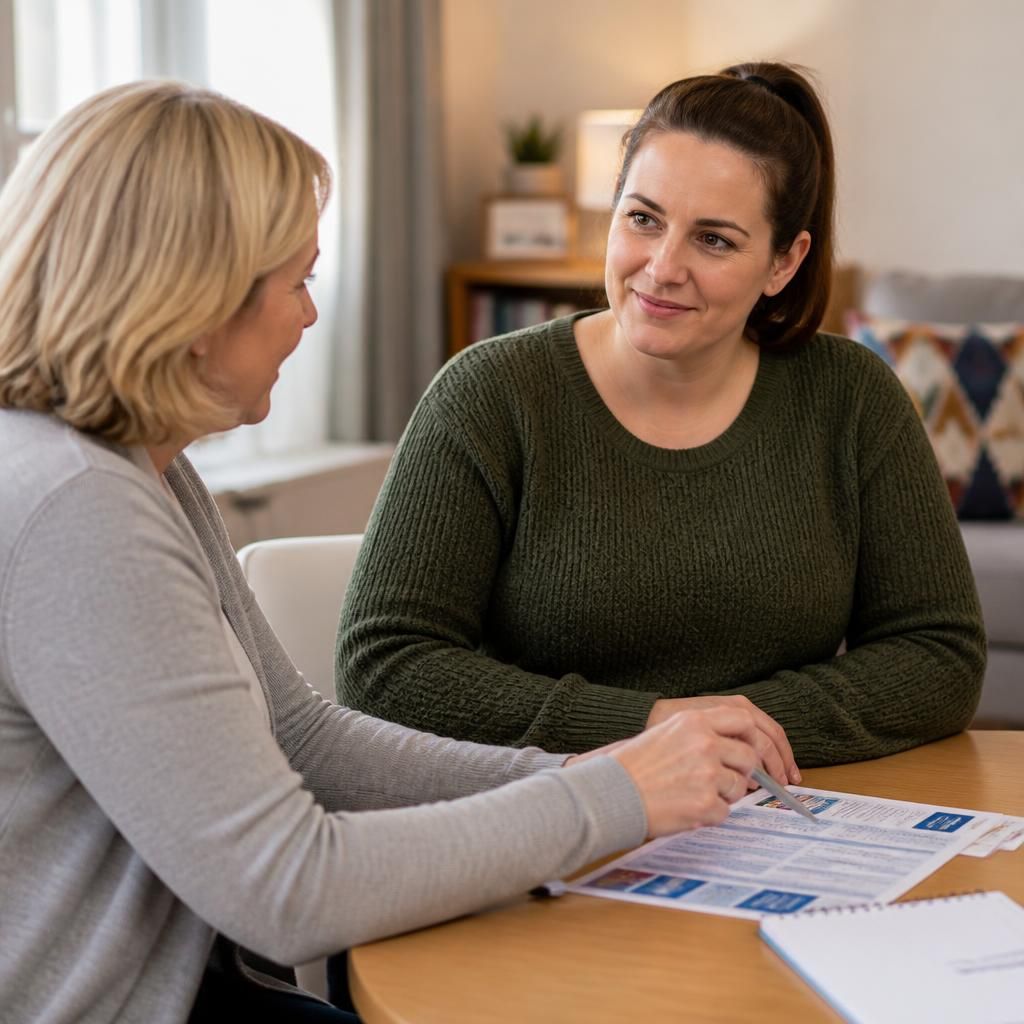Prospective foster carer discussing training materials with a support worker