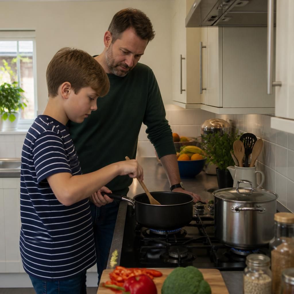Adult supervising a child preparing food beside a cooker in a home kitchen