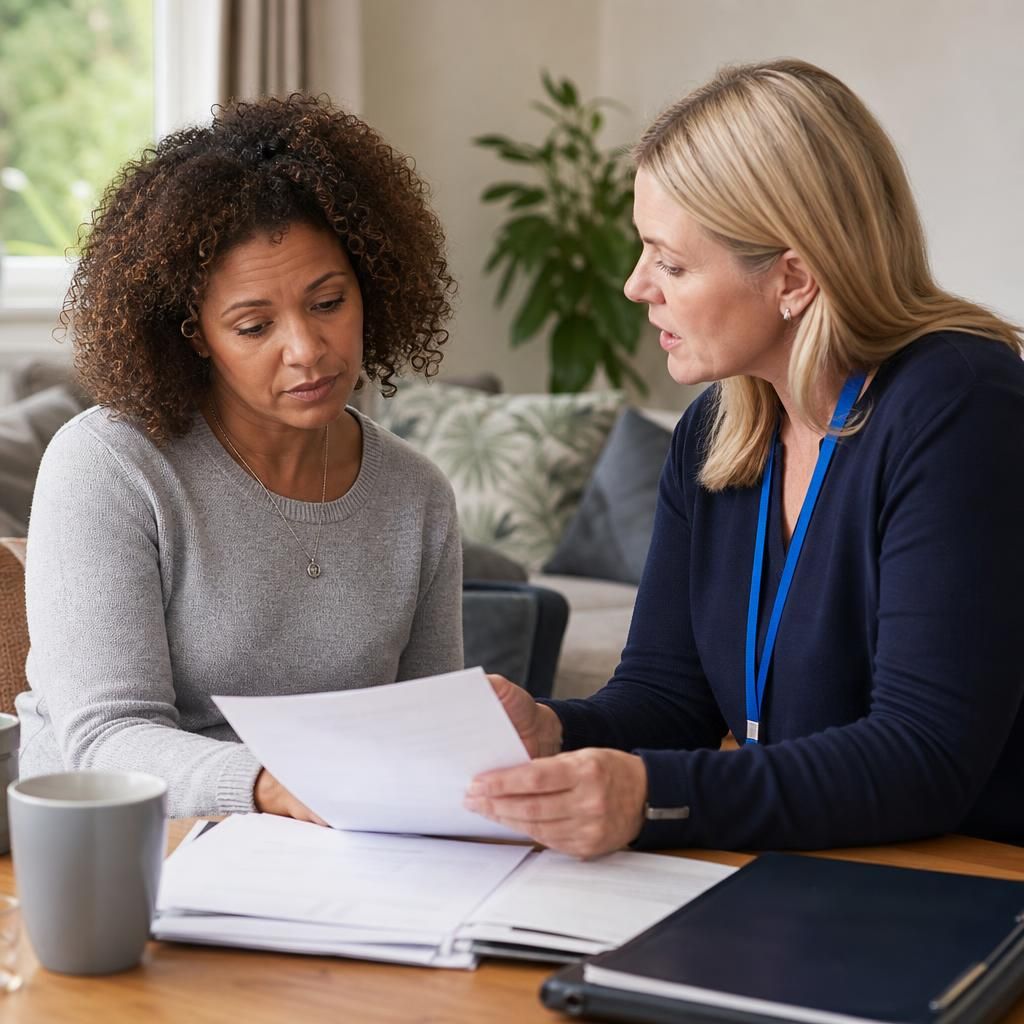 Foster carer reviewing application documents with a social worker