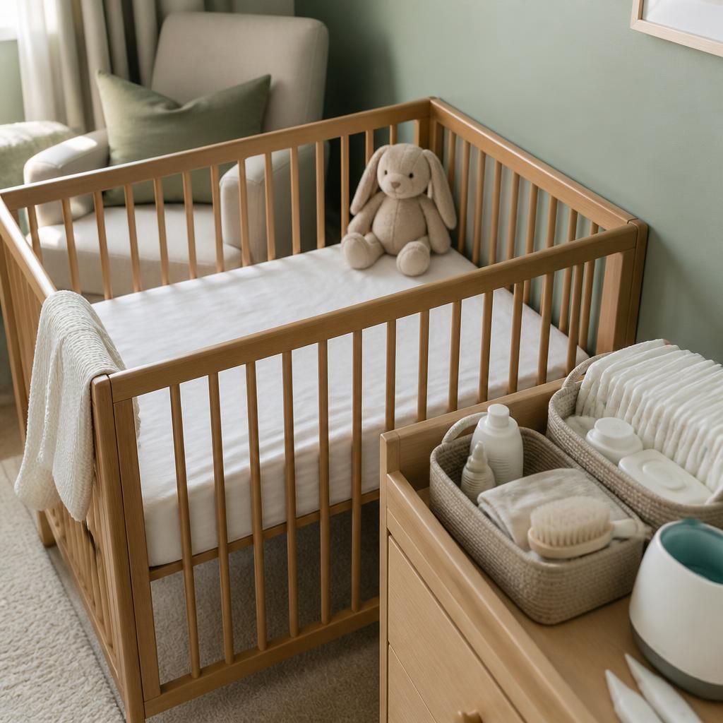 Newborn cot with a firm mattress, fitted sheet and baby care items nearby