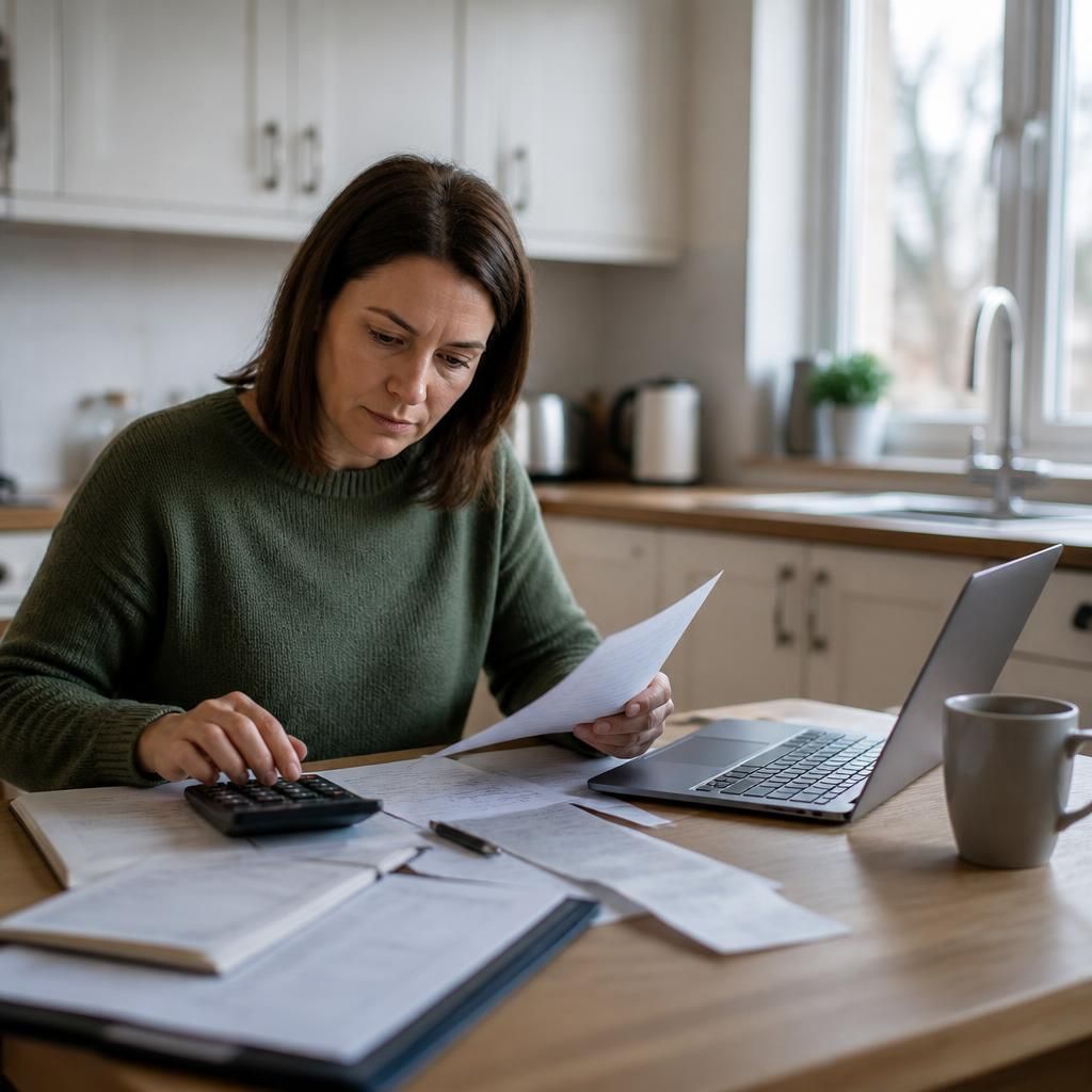 Foster carer reviewing household paperwork at a kitchen table