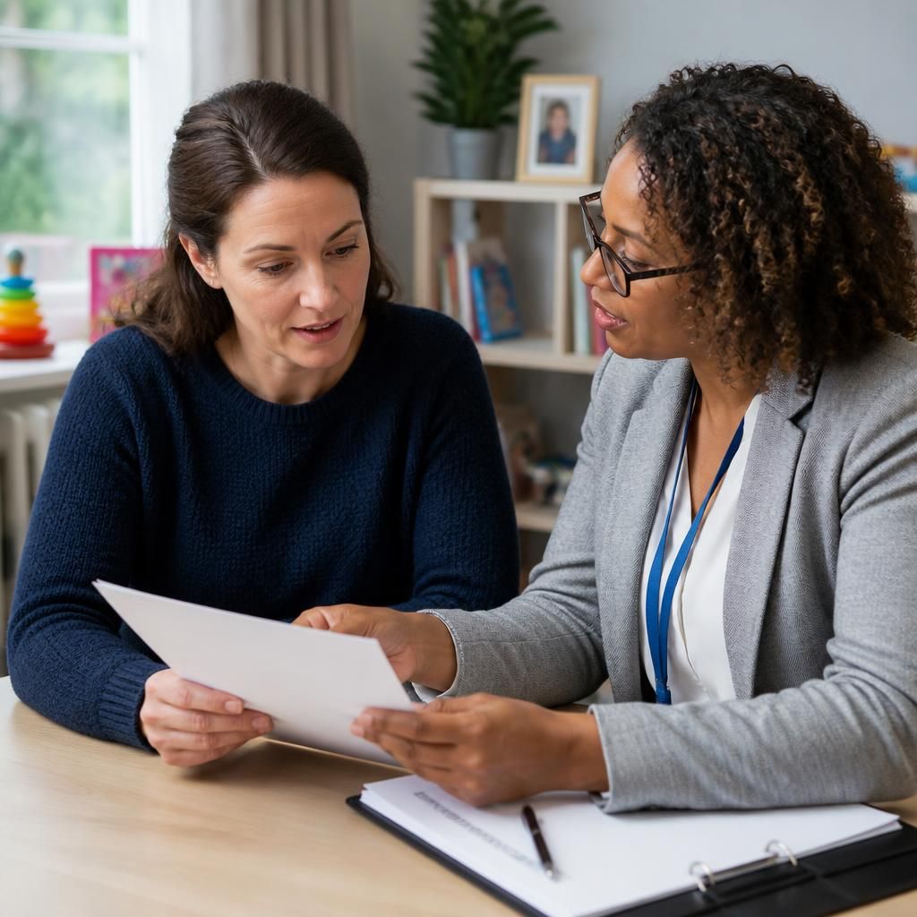 Foster carer reviewing fostering agency documents with an adviser