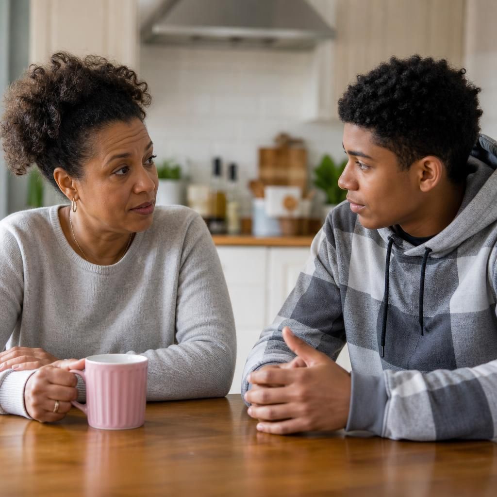 Kinship carer and young person talking at a kitchen table