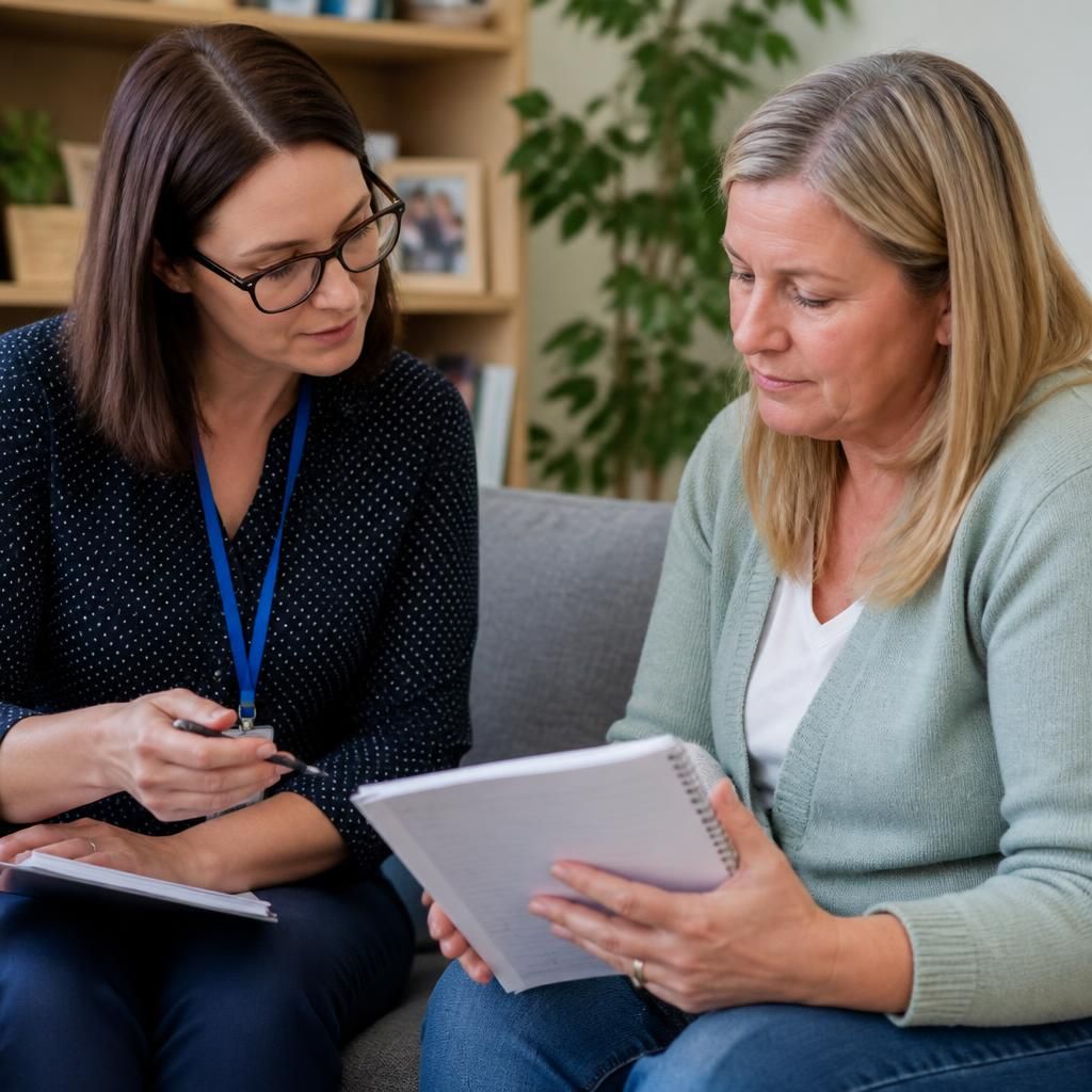 Foster carer reviewing ongoing training notes with a supervising social worker