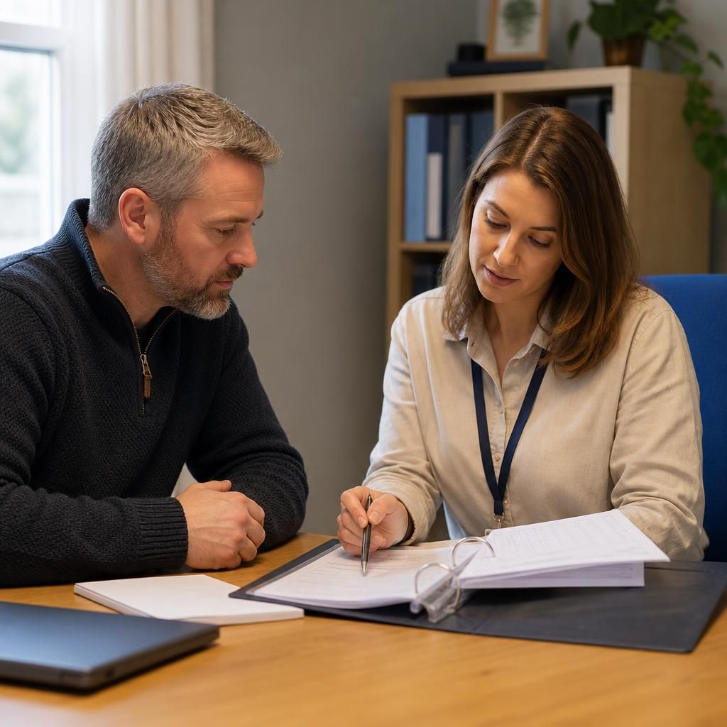 Foster carer and social worker reviewing safeguarding records at a desk
