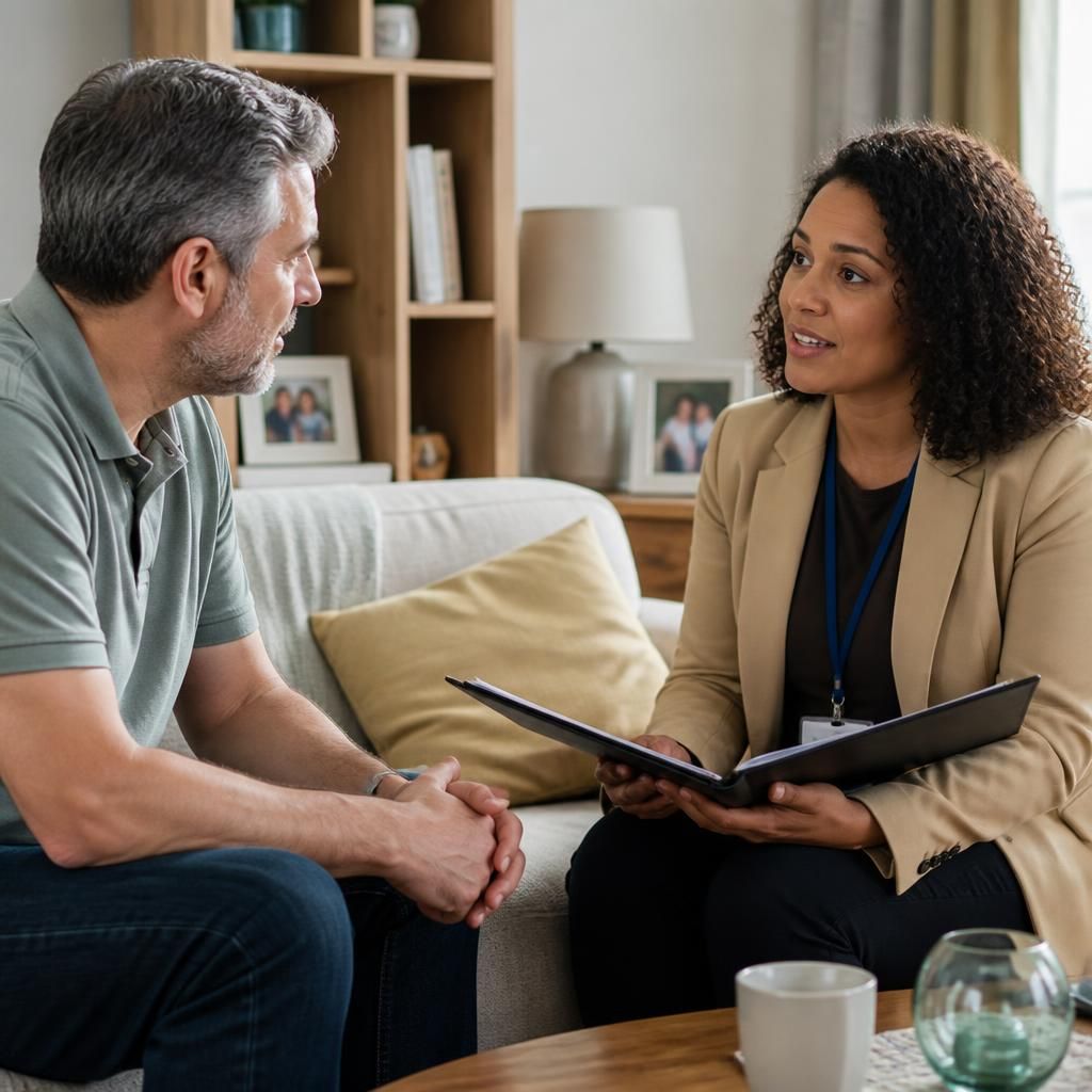 Foster carer speaking with an assessing social worker during a home visit