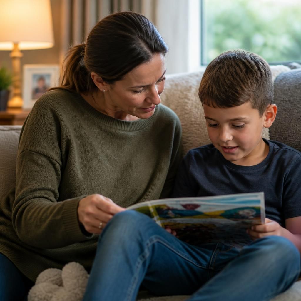 Foster carer and child reading together at home