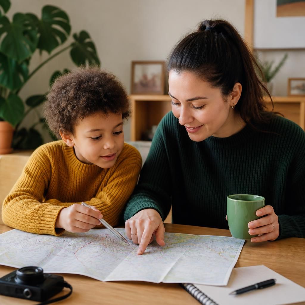 Foster carer and child planning a holiday itinerary together