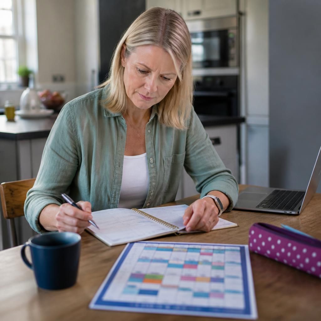 Foster carer reviewing a work schedule beside a child's school timetable
