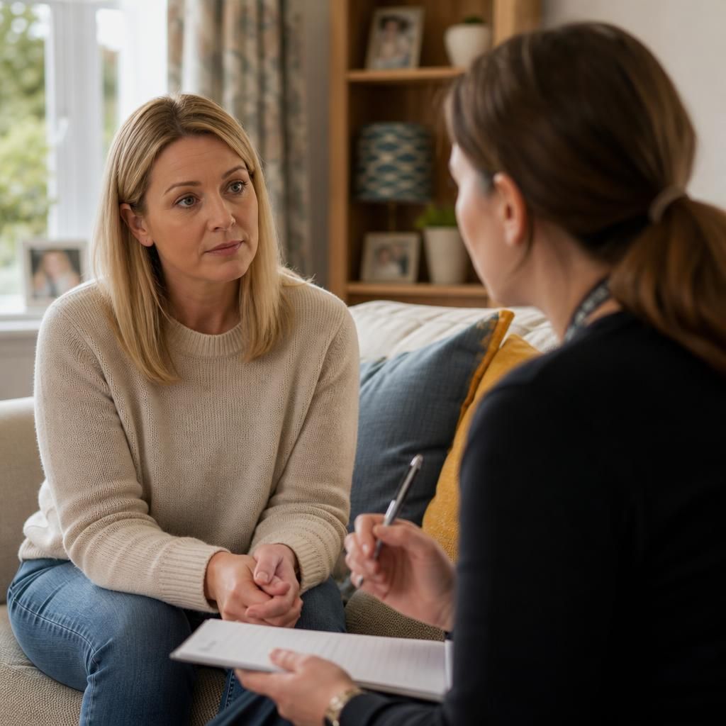 Foster carer speaking with a social worker at home during an approval review