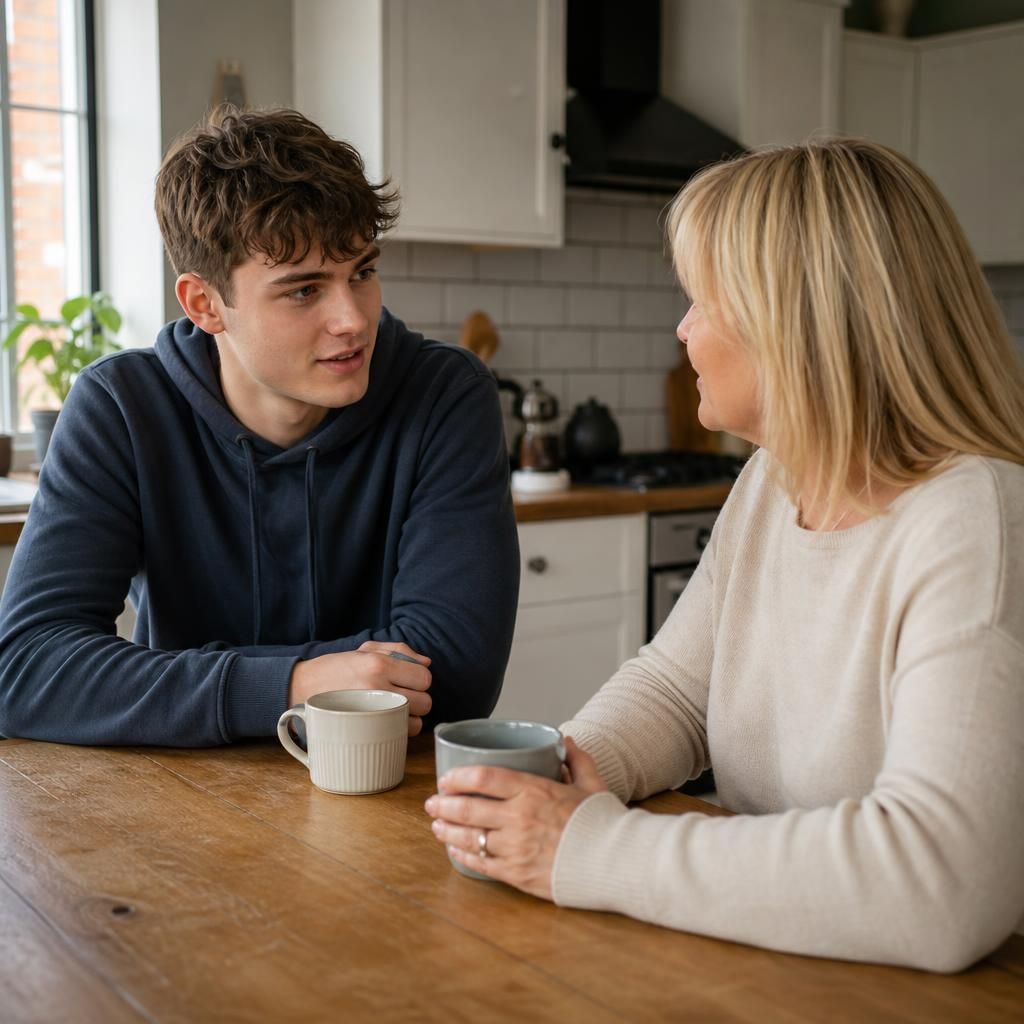 Young adult talking with a former foster carer at a kitchen table