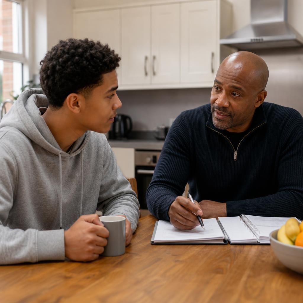 Young person and supported lodgings host discussing house rules at a kitchen table