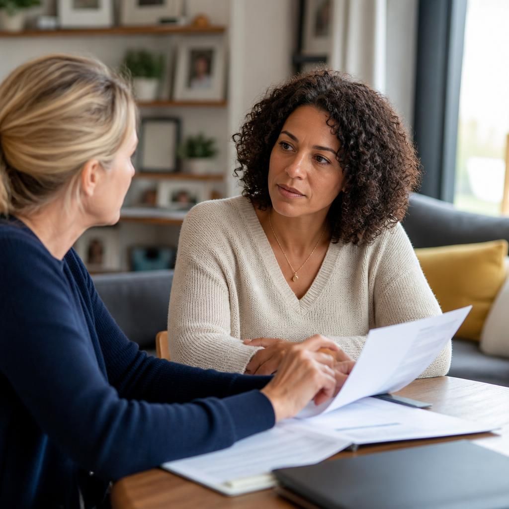 Prospective foster carer discussing assessment paperwork with a fostering assessor