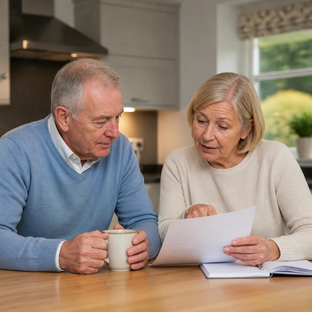 Retired couple discussing fostering information at home