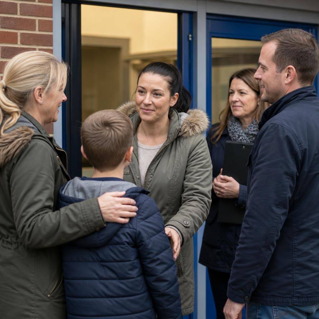 Child meeting their parent with a foster carer and social worker present