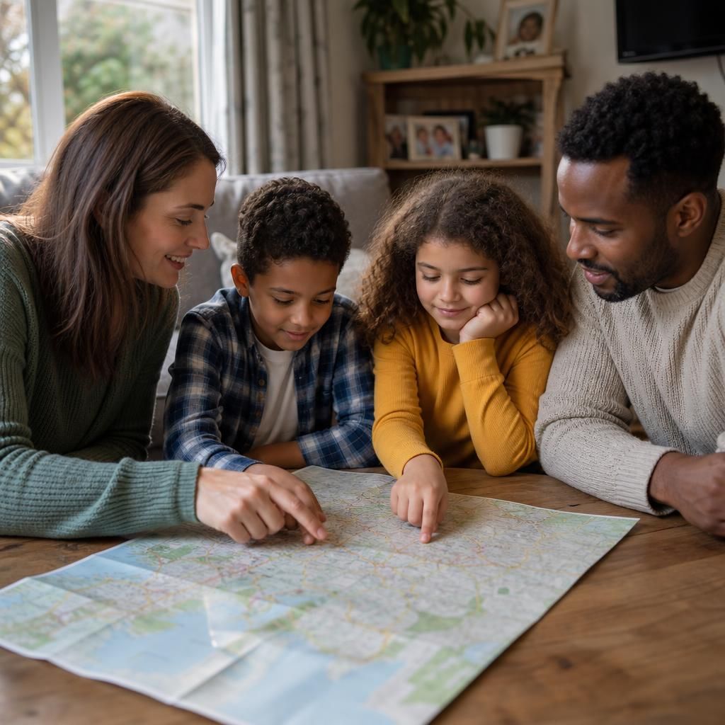 Family looking at a map and discussing different communities