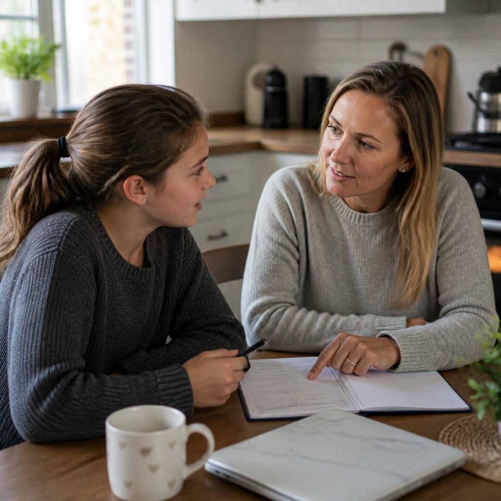 Foster carer and child discussing plans at a kitchen table