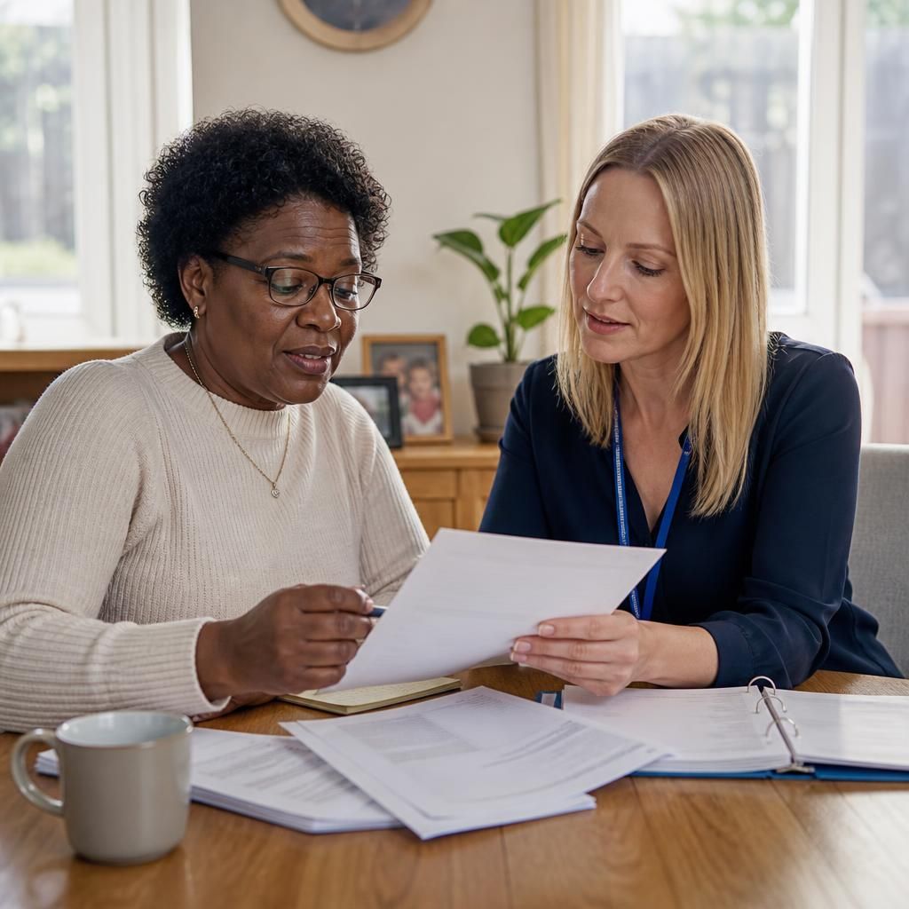 Foster carer reviewing household paperwork with a social worker