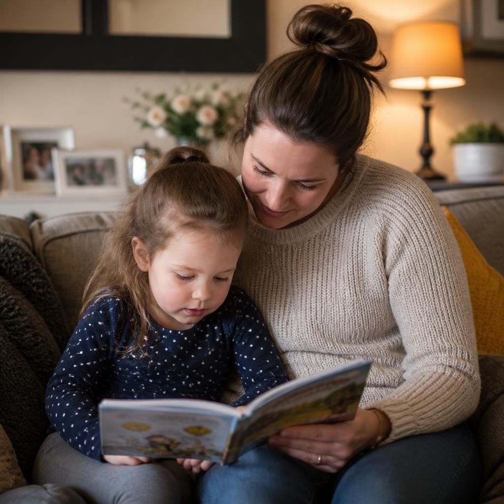 Single woman and child reading together at home