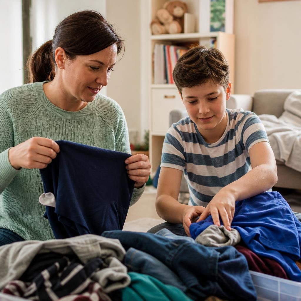 Foster carer and child sorting clothes and personal items at home