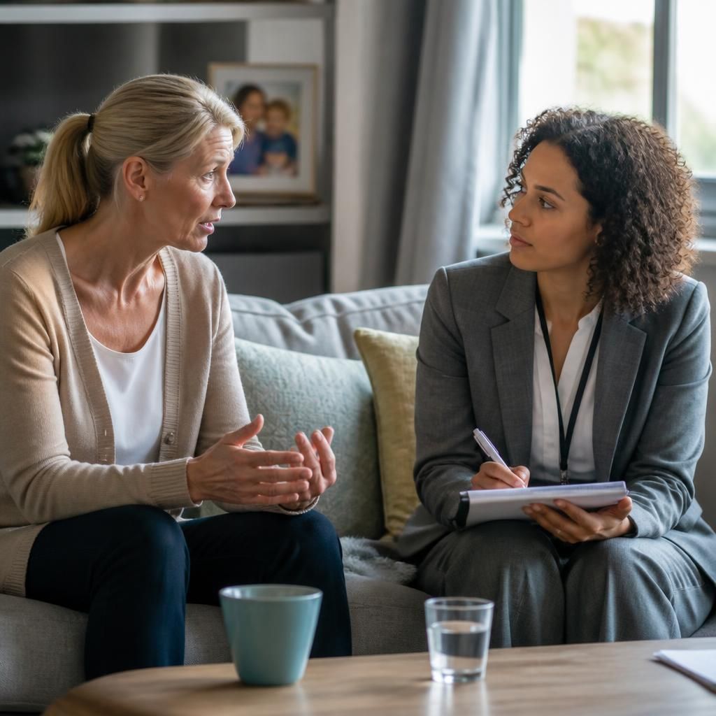 Foster carer discussing a child's changing care needs with a social worker