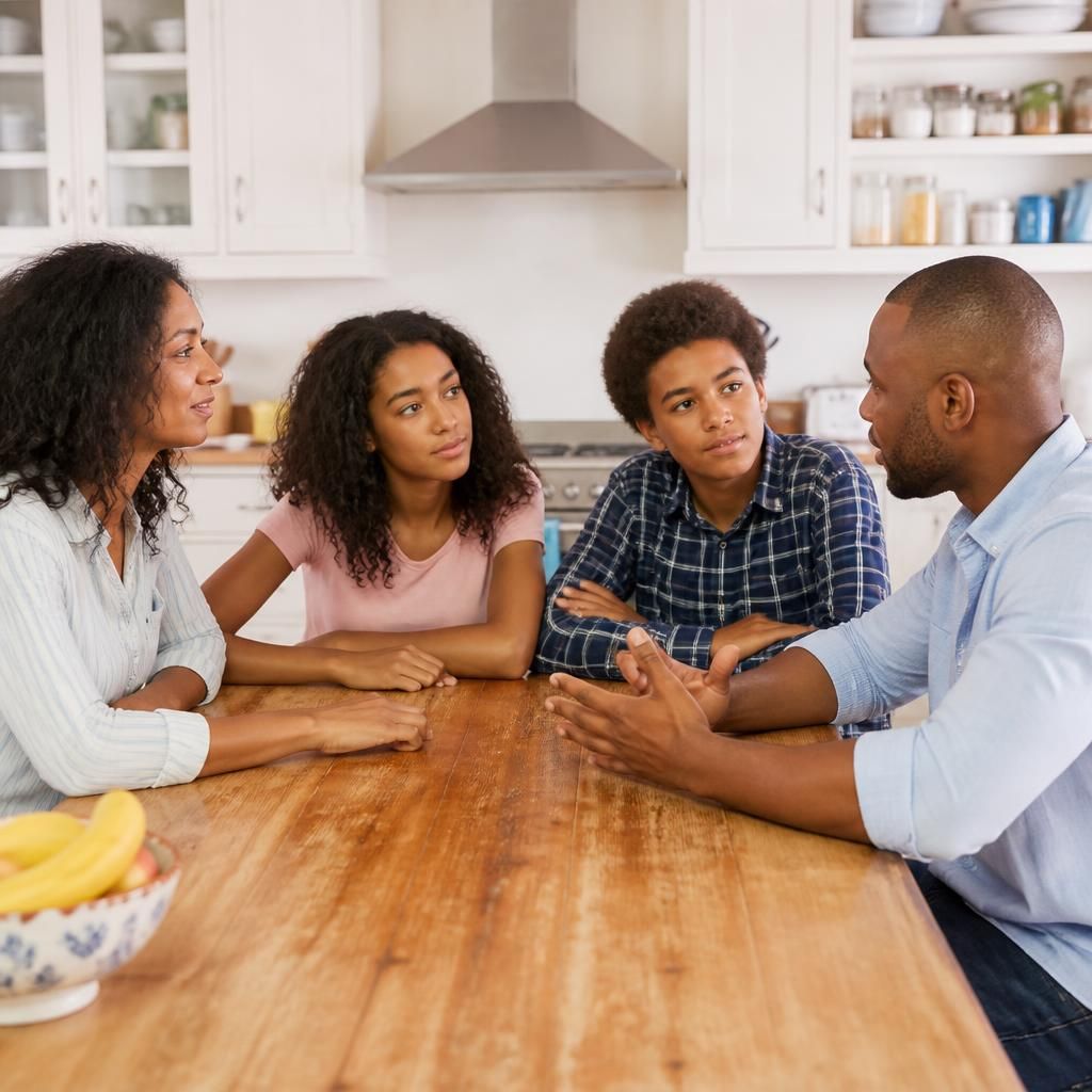 Parents talking with their children around a kitchen table