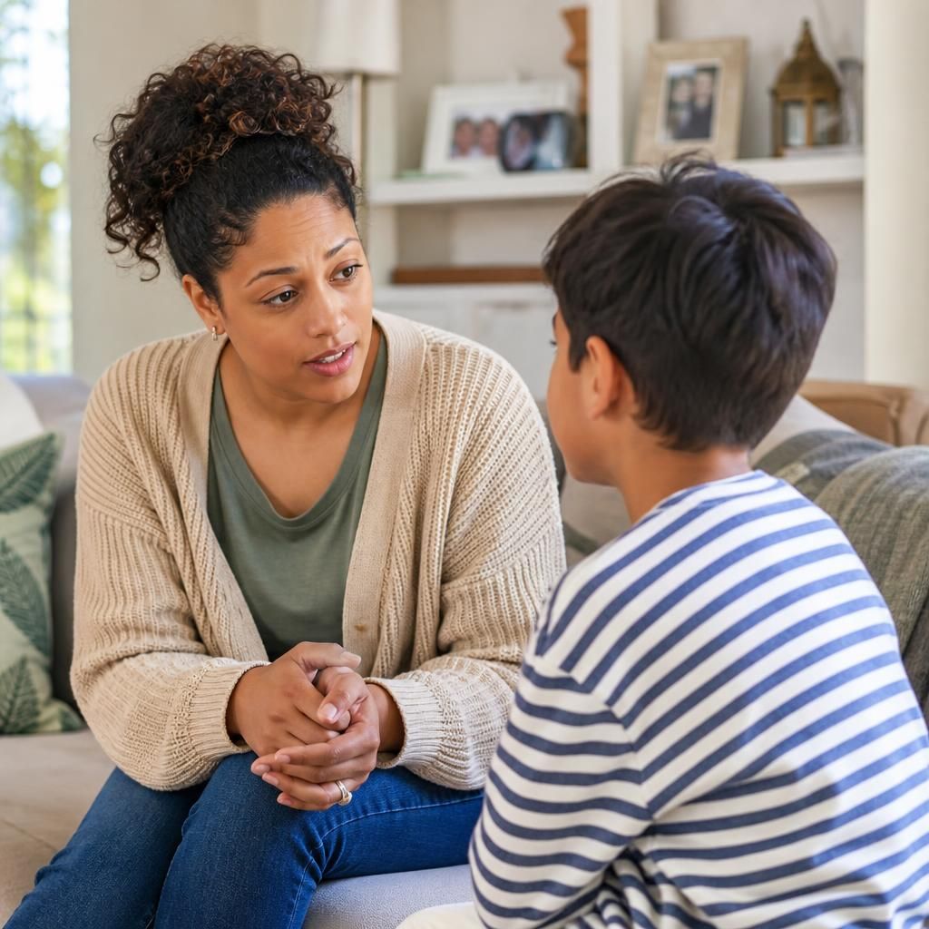 Foster carer talking with a child at home