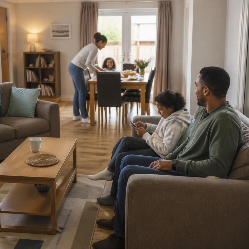 A shared living room with sofas, a dining table and clear floor space