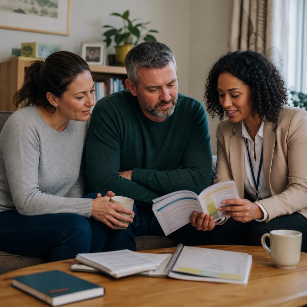 Foster carers reviewing training materials with a social worker