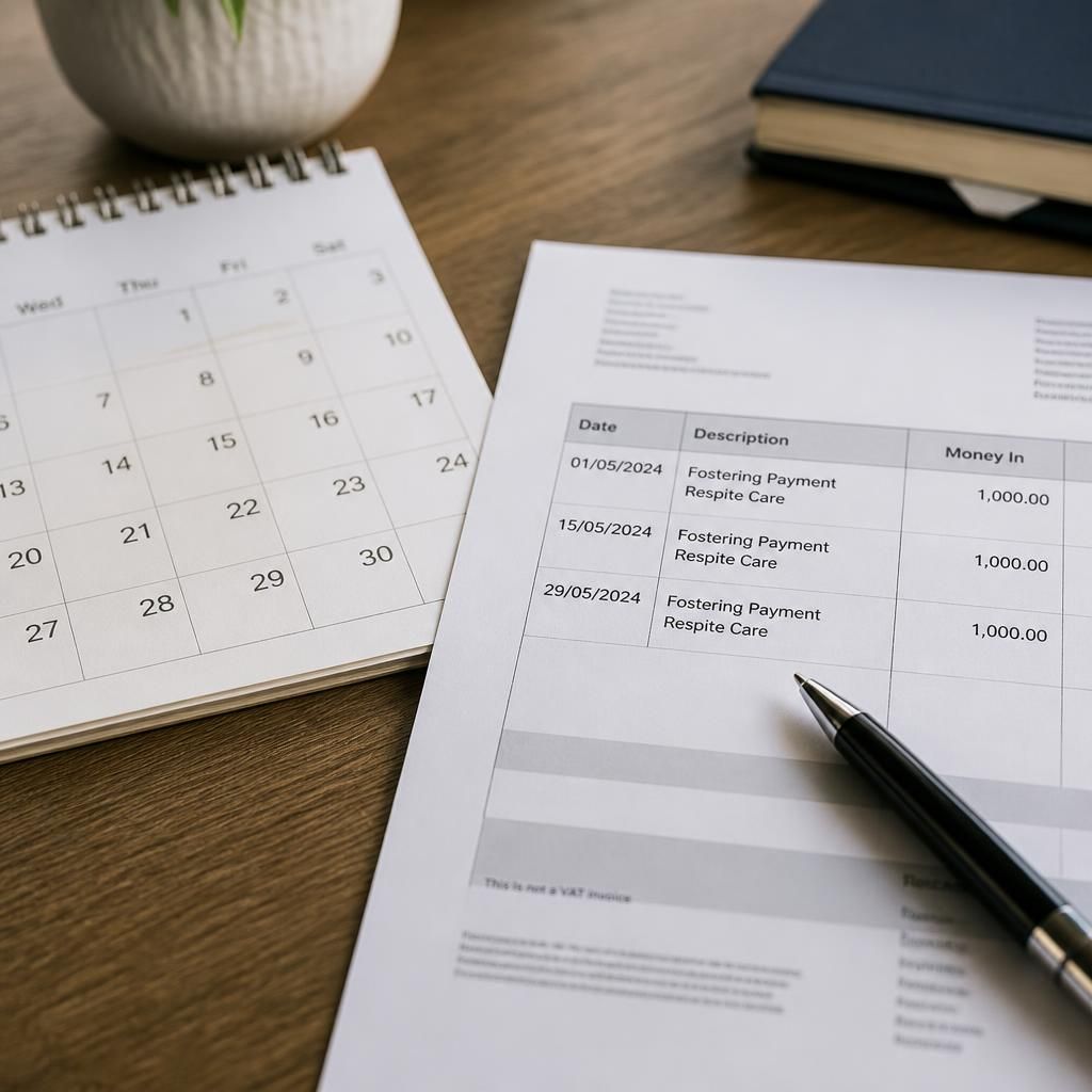 Calendar, payment statement and pen on a desk