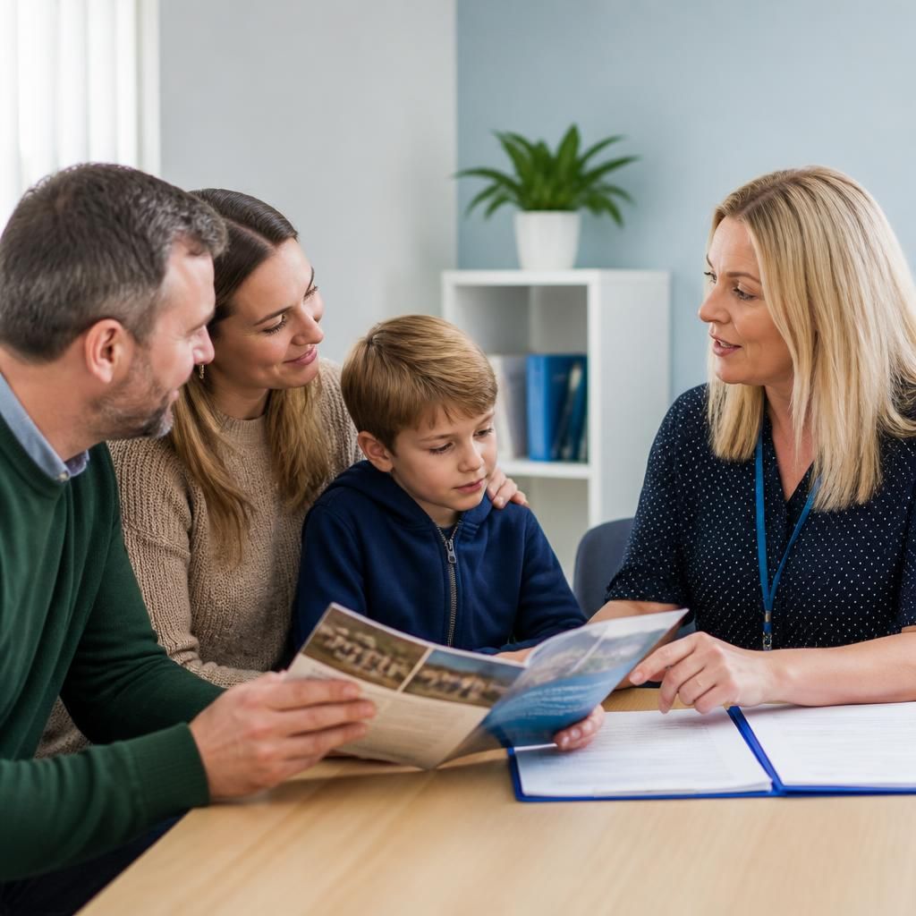 Family speaking with a fostering adviser while reviewing information together