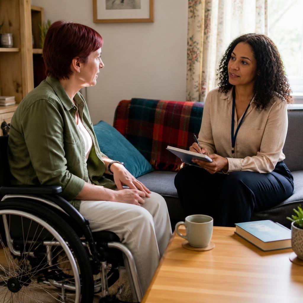 Foster carer using a wheelchair speaking with a social worker at home