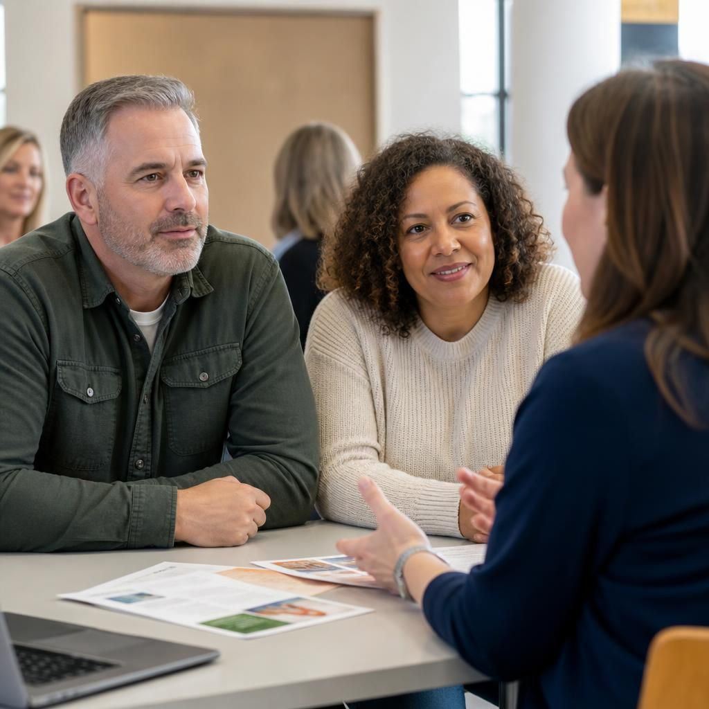 Prospective foster carers speaking with a fostering adviser at an information event