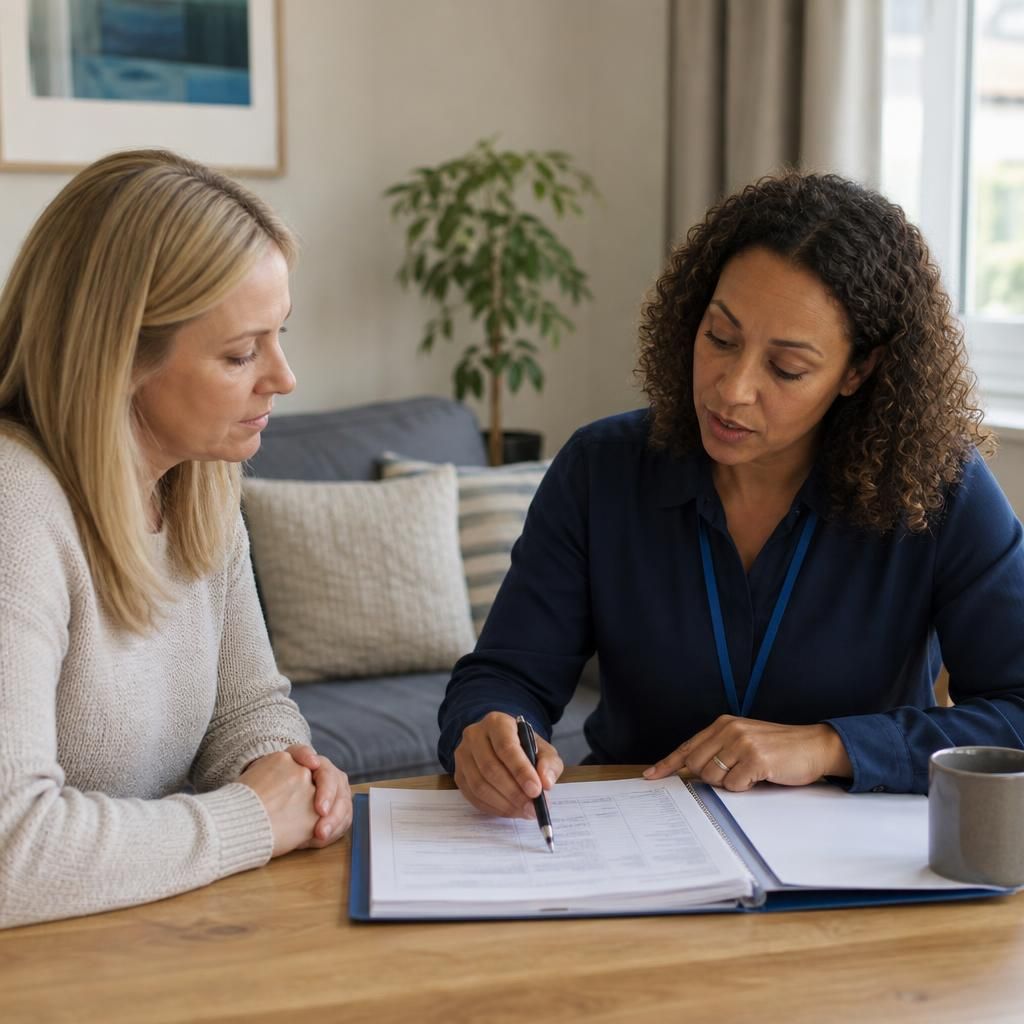 Prospective foster carer discussing assessment documents with a social worker
