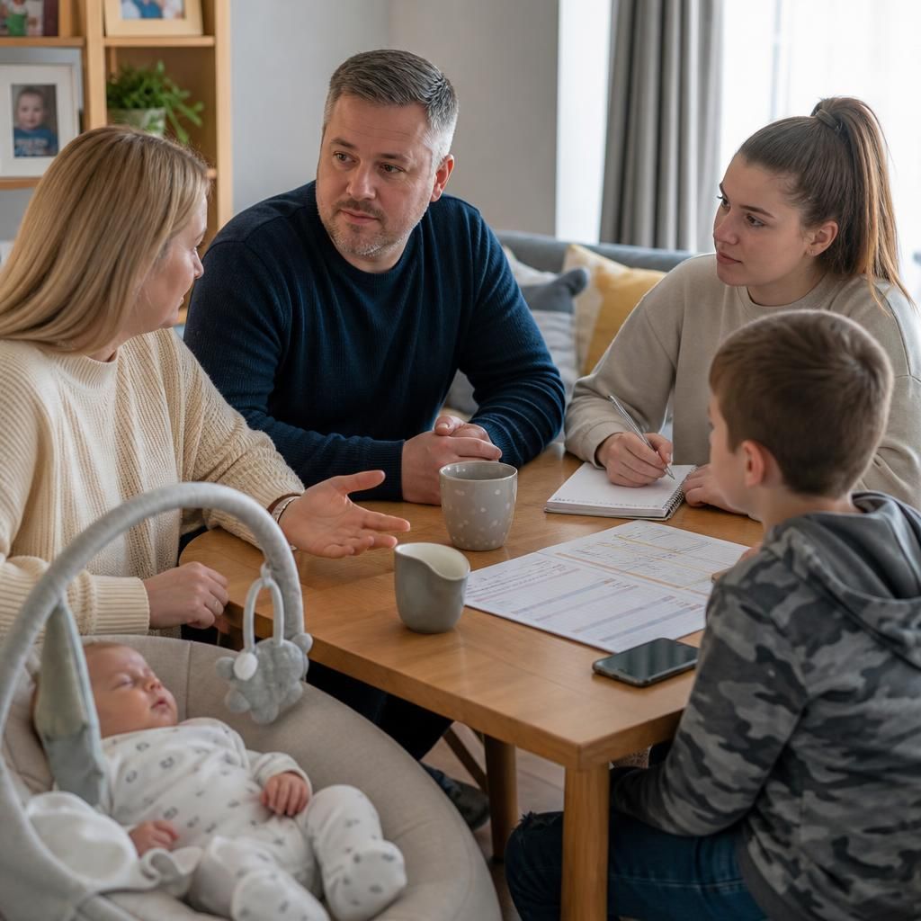 Family members discussing routines and responsibilities involved in temporary foster care for an infant