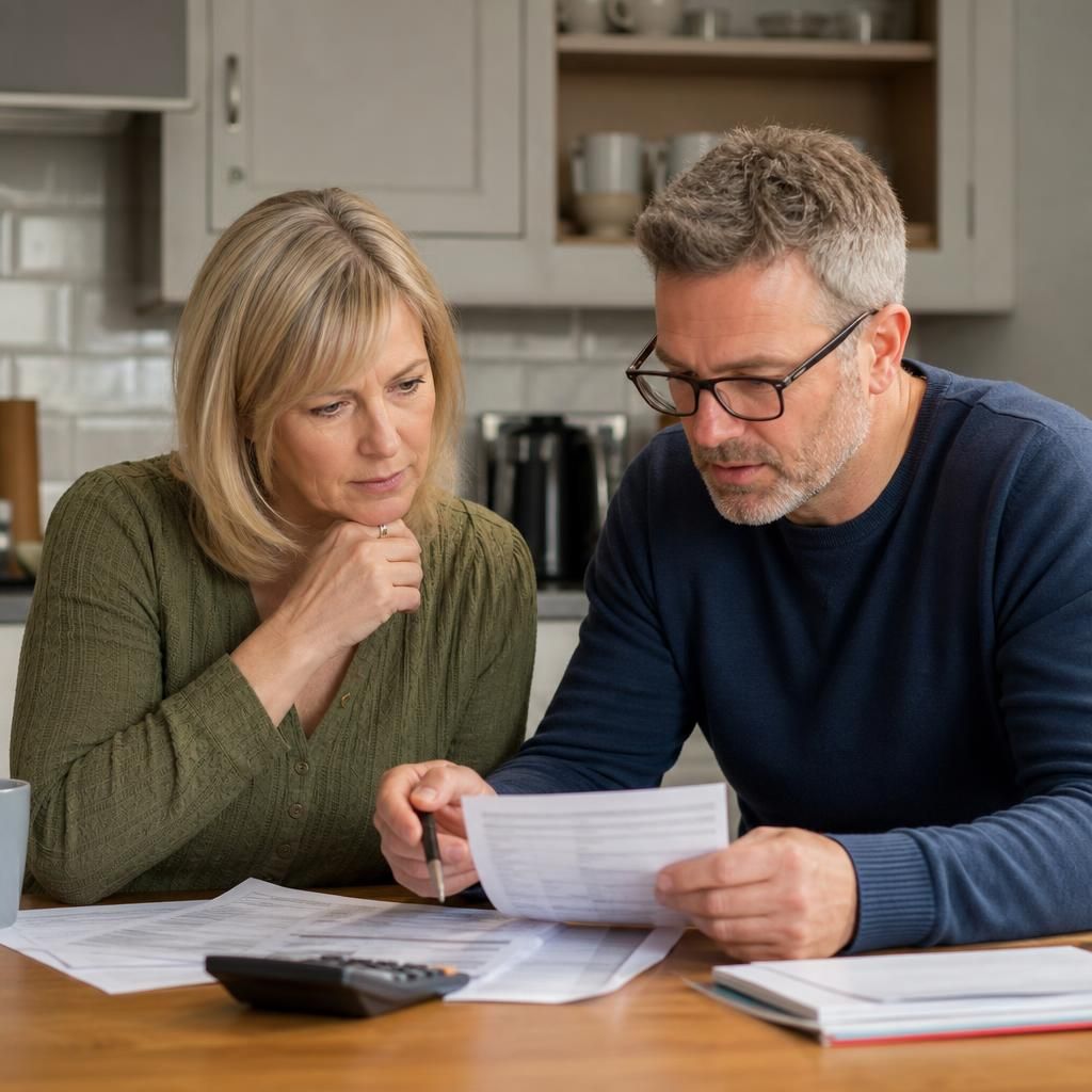 Prospective special guardian reviewing household financial documents with a pen and calculator