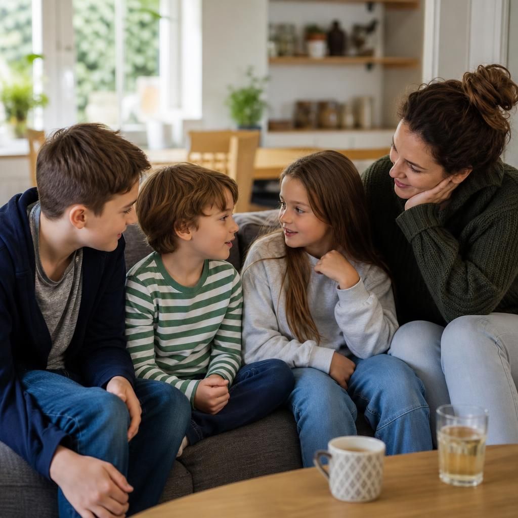 Children sitting together at home with an adult nearby